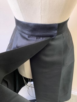 BILL HARGATE MTO, Black, Polyester, Solid, Skirt, Knee Length, Large Box Pleats with Black Buttons in Vertical Column Down Center Front, 2" Wide Self Waistband, Hook & Bar Closures at Back Waist, Open in Back, Made To Order, Retro