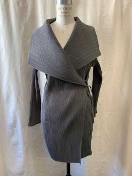 Womens, Cocktail Dress, NL, Gray, Polyester, Nylon, M/L, Accordion Pleat All Over, Large Fold Over Front Collar Flaps, Wrap Around Dress, Self Tie, Long Sleeves, Hem at Knee