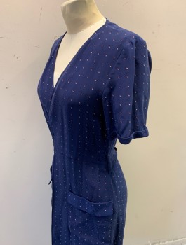 Womens, Dress, Short Sleeve, FRAME, Navy Blue, Red, White, Silk, Squares, Dots, S, Tiny Squares Pattern, Silk Charmeuse, Wrap Dress, Rolled Edge on Sleeve Openings, 2 Pockets at Hips, Knee Length, Self Ties at Waist