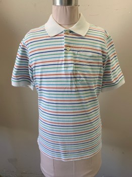 Childrens, Polo, BROOKS BROTHERS, White, Lt Blue, Burnt Orange, Jade Green, Blue, Cotton, Stripes - Horizontal , M, White Collar Attached, 1/4 Button Front, Short Sleeves