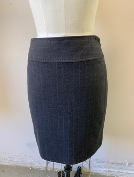 ELIE TAHARI, Dk Gray, Gray, Wool, Spandex, Stripes - Pin, Pencil Skirt, 3" Wide Waistband, White Hand Picked Stitching at Waistband and Hem, Invisible Zipper at Side