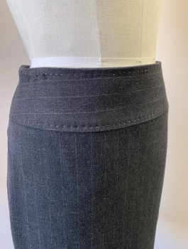 ELIE TAHARI, Dk Gray, Gray, Wool, Spandex, Stripes - Pin, Pencil Skirt, 3" Wide Waistband, White Hand Picked Stitching at Waistband and Hem, Invisible Zipper at Side