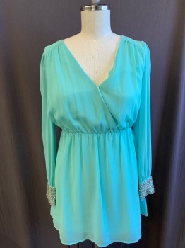 A'GACI, Sea Foam Green, Silver, Polyester, Solid, Long Sleeves, V-neck, Elastic Waistband, Gathered Shoulders, Silver Beading and Clear Rhinestones on Cuffs, Strap on Back of Neck