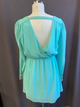 A'GACI, Sea Foam Green, Silver, Polyester, Solid, Long Sleeves, V-neck, Elastic Waistband, Gathered Shoulders, Silver Beading and Clear Rhinestones on Cuffs, Strap on Back of Neck