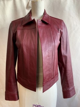 Womens, Leather Jacket, THEORY, Dk Red, Leather, Solid, P, Open Front, Collar Attached, 2 Pockets, Long Sleeves, Slits at Cuff