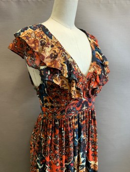 FREE PEOPLE, Multi-color, Tomato Red, Navy Blue, Beige, Mustard Yellow, Polyester, Viscose, Abstract , Floral, Maxi Dress, Chiffon, Flutter Cap Sleeves, V-Neck, Ruffle Along Neckline, 2 Ruffled Tiers Of Fabric At Hem