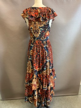 FREE PEOPLE, Multi-color, Tomato Red, Navy Blue, Beige, Mustard Yellow, Polyester, Viscose, Abstract , Floral, Maxi Dress, Chiffon, Flutter Cap Sleeves, V-Neck, Ruffle Along Neckline, 2 Ruffled Tiers Of Fabric At Hem