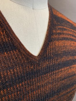 JOHN VARVATOS, Black, Rust Orange, Wool, Acrylic, Abstract , Stripes - Horizontal , Rib Knit, L/S, V-Neck