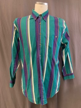 Mens, Casual Shirt, CHAPS RALPH LAUREN, Teal Green, Multi-color, Cotton, Stripes - Vertical , L, Button Down Collar, Button Front, L/S, 1 Pocket, Purple, Red, White, Tan, Magenta Stripes