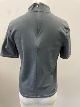 TOP SHOP, Gray, Cotton, Solid, Mock Neck, S/S, with White Stitching Detail , Back White Zipper