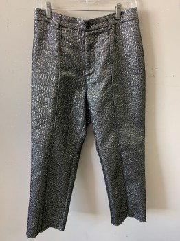 Mens, Sci-Fi/Fantasy Pants, MTO, Chrome Metallic, Black, Polyester, Brocade, 30/25, Zip Front, Piping Down Front, Back Darts, No Pockets, 1 Button, Raised Geometric Pattern