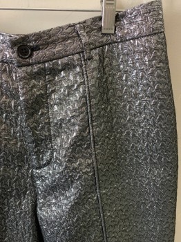 Mens, Sci-Fi/Fantasy Pants, MTO, Chrome Metallic, Black, Polyester, Brocade, 30/25, Zip Front, Piping Down Front, Back Darts, No Pockets, 1 Button, Raised Geometric Pattern