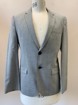 HUGO BOSS, Gray, Dk Gray, Wool, Heathered, L/S, 2 Buttons, Single Breasted, Notched Lapel, 3 Pockets,