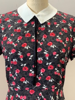 FOREVER 21, Black, Hot Pink, White, Rayon, Floral, S/S, C.A., Neck Tie, Flared Bottom, Side Zipper,