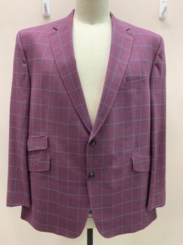 TED BAKER, Dusty Lavender, Lt Blue, Wool, Grid , Single Breasted, 2 Buttons,  Notched Lapel, 4 Pockets, Double Vent