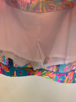 LILLY PULITZER, Turquoise Blue, Green, Orange, Pink, White, Cotton, Abstract , Floral, Neon Colors, Mini Skirt with Built in Shorts, Side Zip, 2 Pockets,
