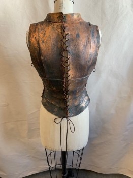 Womens, Historical Fiction Piece 1, MTO, Bronze Metallic, Black, Leather, Mottled, S/M, Breast Plate, Mock Neck, Lace Up Back & Sides, Has Matching Cuffs (CF041405)