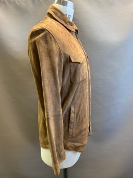 John Varvatos, Camel Brown, Suede, Solid, L/S, Zip Front, Collar Attached, Side Pocket And Chest Pockets, Snap Buttons,