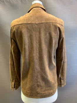 John Varvatos, Camel Brown, Suede, Solid, L/S, Zip Front, Collar Attached, Side Pocket And Chest Pockets, Snap Buttons,