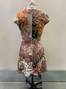 CARVEN, Orange, Dk Green, Multi-color, Polyester, Abstract , Floral, Round Neck, Zip Back, White, Burgundy, And Brown Blurry Floral Details