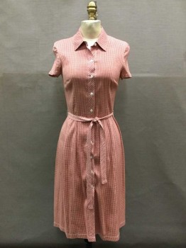 ISABEL ARDEE, Dusty Rose Pink, Tan Brown, Plaid, Gingham, Short Sleeve, Buttons Center Front To Hem, Pleated Skirt, Looks Retro/Vintage But Is Contemporary, ** Has Matching Sash Belt