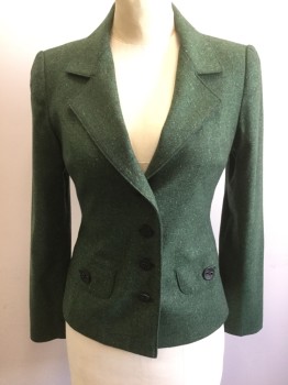 PETRO ZILLIA, Dk Green, Wool, Silk, Tweed, Single Breasted, Collar Attached, Notched Lapel, 4 Pockets, 2 Flap Button Pockets
