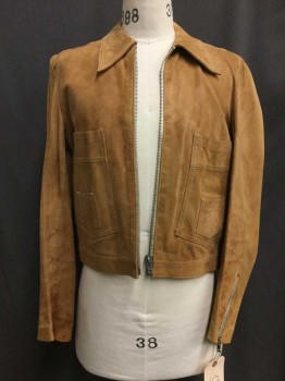 Mens, Leather Jacket, Tan Brown, Suede, Solid, 42, Tan Suede, Zip Front, 4 Pockets,