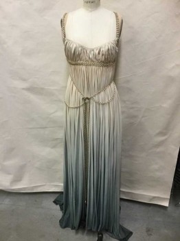 MTO, Lt Beige, Gray, Silk, Metallic/Metal, Ombre, Made To Order, Silk Knit, From Lt Beige To Dark Gray, Illusion Straps, Gold Metal Chain Straps and Belt with Rhinestone Gem and Rings, Empire Waist with Chain Underbust, Inner Corset, Stain On Back Of Train See Detail Photo,
