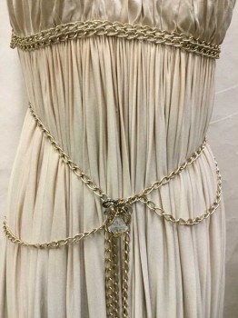 MTO, Lt Beige, Gray, Silk, Metallic/Metal, Ombre, Made To Order, Silk Knit, From Lt Beige To Dark Gray, Illusion Straps, Gold Metal Chain Straps and Belt with Rhinestone Gem and Rings, Empire Waist with Chain Underbust, Inner Corset, Stain On Back Of Train See Detail Photo,