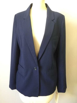 JOIE, Navy Blue, Polyester, Solid, Single Breasted, Notched Lapel, 1 Button, Crepe, Lined, 4 welt Pocket,