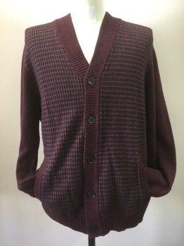 ALFANI, Wine Red, Red, Gray, Charcoal Gray, Cotton, Stripes, Stripey Patterned Front, V.neck, Button Front with Ribbed Knit Trim Long Sleeves, 2 Pockets,. Heathered Wine Back