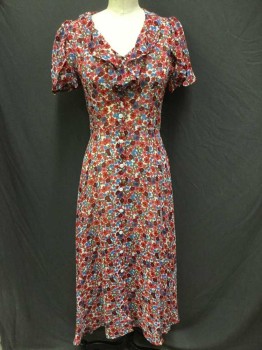 CHRISTY DAWN, Cranberry Red, Red Burgundy, Pink, Blue, White, Synthetic, Floral, Hem Below Knee, Short Sleeve,  Ruffle Neckline, Sheer, Unlined, Button Front