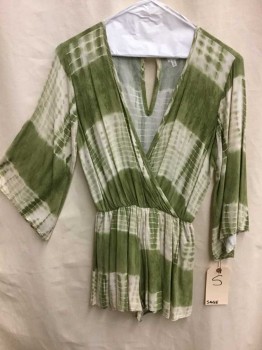 Womens, Romper, SAGE, Olive Green, Sage Green, Cream, Rayon, Tie-dye, S, Long Bell Sleeves, Surplice V-neck, Elastic Waist, Keyhole Back, Romper with Shorts, See Photo Attached,