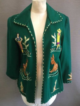 Womens, Jacket, LAB INEX, Forest Green, Multi-color, Lt Yellow, Wool, Novelty Pattern, B:36, Forest Green Felt with Novelty Mexican Farm Workers and Landscape Embroidery, Light Yellow X's Embroidery At Edges, Open At Center Front with No Closures, Collar Attached, 2 Hip Pockets, No Lining,