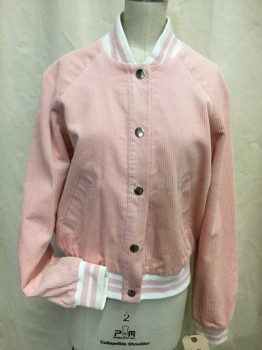 F21, Baby Pink, White, Cotton, Polyester, Solid, Snap Front, Bomber, Stiped Rib Knit Trims at Collar/ Cuffs and Waistband, Raglan Long Sleeves, 2 Pockets,