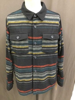 GOOD FELLOW, Black, Teal Blue, Red, Gray, Yellow, Polyester, Wool, Stripes - Horizontal , Shirt Jacket, Button Front, 2 Vertical Pocket, 2 Flap Pocket, Long Sleeves, Collar Attached,