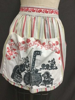 Womens, Apron, NO LABEL, White, Red, Black, Yellow, Lt Blue, Cotton, Stripes, Floral, Small, French Writing, Kitchen Scene Print, Floral Embroidery On Waist Band, Half Apron, Ties In Back, Large Front Pouch