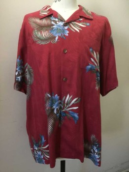 TOMMY BAHAMA, Red, Green, Blue, White, Silk, Floral, Red, Green/ Blue/ White Floral Print, Button Front, Open Collar Attached, 1 Pocket,