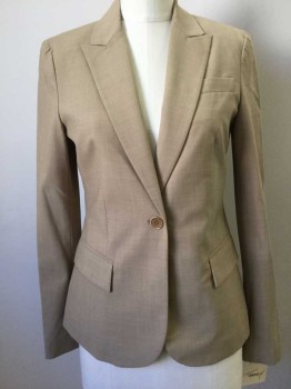 THEORY, Camel Brown, Wool, Solid, Single Breasted, 1 Button, Peaked Lapel, 3 Pockets,