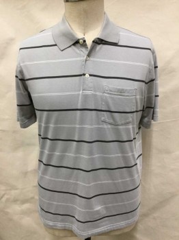MERONA, Lt Gray, Faded Black, White, Cotton, Polyester, Stripes - Horizontal , Light Gray with Faded Black, Double Thin White Horizontal Stripes, Collar Attached, 3 Button Front, 1 Pocket, Short Sleeves,