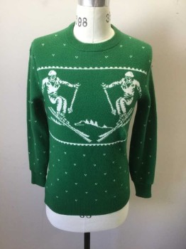 TOMMY HILFIGER, Green, White, Cotton, Novelty Pattern, Green with White Novelty Skiers with Tiny Dots/Stripes, Knit, Long Sleeves, Crew Neck