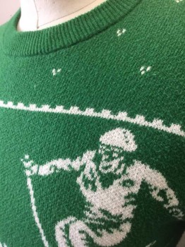 TOMMY HILFIGER, Green, White, Cotton, Novelty Pattern, Green with White Novelty Skiers with Tiny Dots/Stripes, Knit, Long Sleeves, Crew Neck