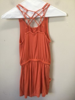 Childrens, Romper & Jumpsuit, TUCKER AND TATE, Orange, Viscose, Spandex, Solid, 7/8, Girls Romper, Sleeveless, Jersey, Elastic Waist, Knotted Straps with Macrame Style Knots at Back Shoulders, 2 Buttons at Center Front Neck, 2 Side Pockets **Barcode is at Side Seam Below Waist