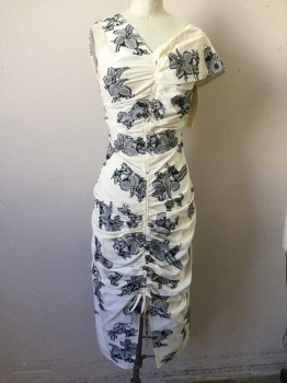 REFORMATION, White, Navy Blue, Floral, Asymmetrical, Sleeveless, V-neck, Rooched Center Front with Drawstring and Front Slit