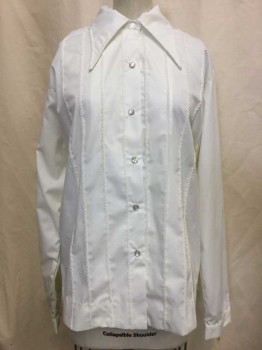 Womens, Shirt, H BAR C, Ivory White, Cotton, Polyester, Color Blocking, B 40, Ivory, Pleated with Crochet Trim, Snap Front, Collar Attached, Long Sleeves,