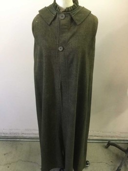 Womens, Cape 1890s-1910s, N/L, Dk Green, Taupe, Wool, Tweed, N/S, 2 Buttons, Small Moth Holes, Odd Hood with 2 Black Satin Bows, Pleated Ruffle Around Neck