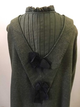 Womens, Cape 1890s-1910s, N/L, Dk Green, Taupe, Wool, Tweed, N/S, 2 Buttons, Small Moth Holes, Odd Hood with 2 Black Satin Bows, Pleated Ruffle Around Neck