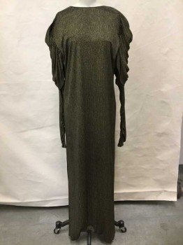 MISSONI, Black, Gold, Metallic, Abstract , Dashed Pattern, Long Sleeves, Draped Panels At Shoulders, Shoulder Pads, Sleeves Are Ruched At Seams, Round Neck,  Hem Mid-calf,  Slit At Side Hem, Shift Dress, 1 Button  And Hook+Eyes At Center Back Neck,