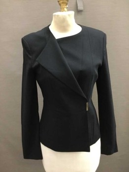 HUGO BOSS, Black, Wool, Solid, Double Breasted, Snap Front, Snap At Collar, 1 Lapel, Waist Seam, Micro Windowpane Texture
