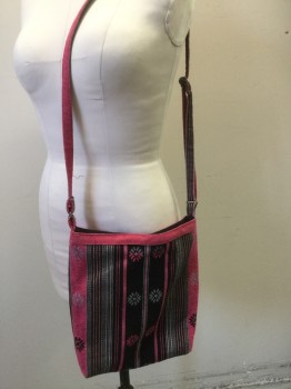Womens, Purse, AMERICAN EAGLE, Hot Pink, Black, Silver, Red, Cotton, Stripes, Floral, Hippie Bag, Self Adjustable Straps, Brass Ring with Leather Beaded Tassel